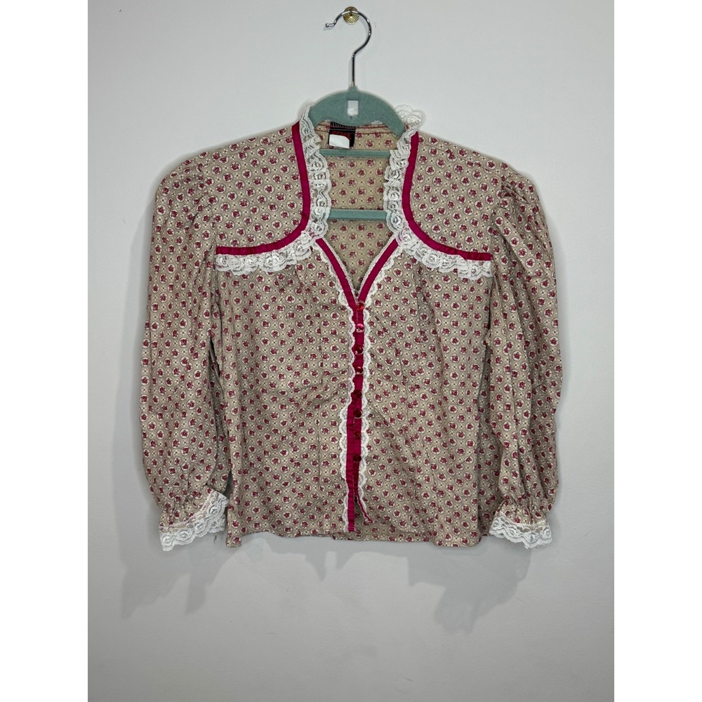 Vintage prairie blouse floral print, lace trim, puffed sleeves Sz S Cirel USA